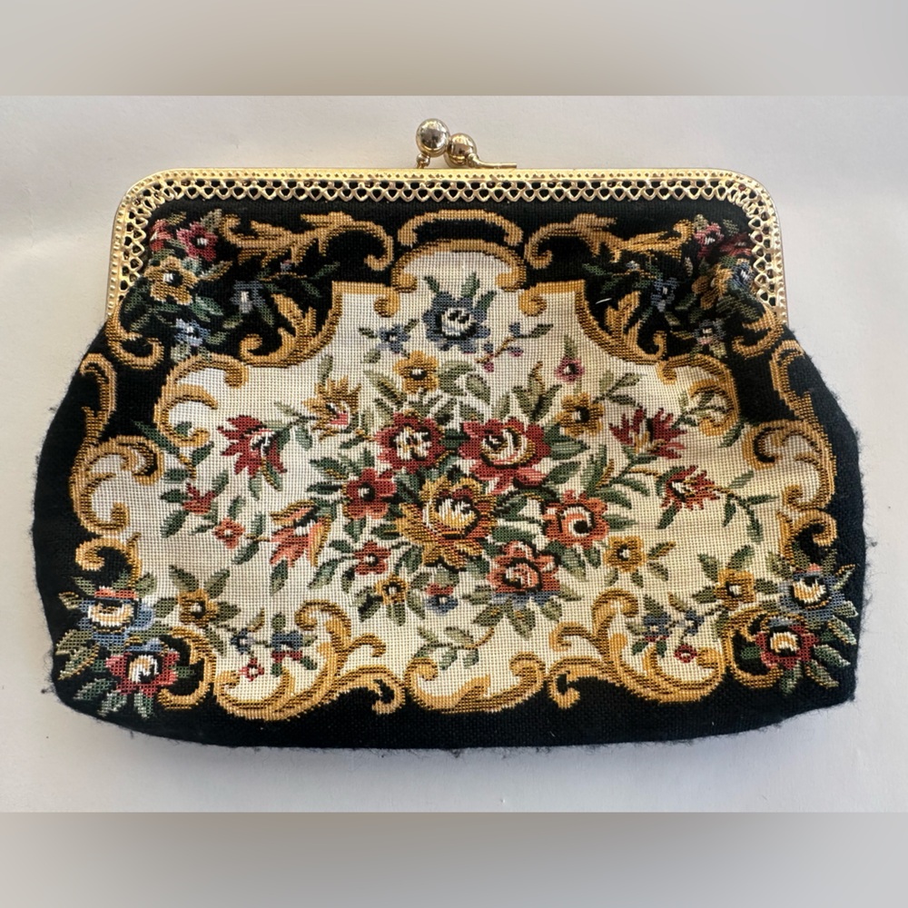 Vintage Tapestry Clutch Purse Handbag Black Floral Hong Kong 60s Gold Tone Chain